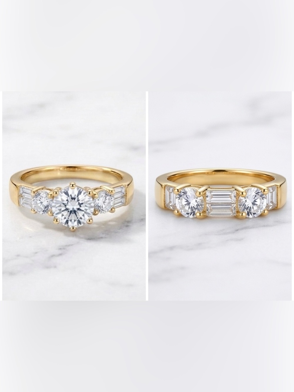 Yellow Gold tone Three-Stone Round Cut Engagement Ring & Band Set Jewelry